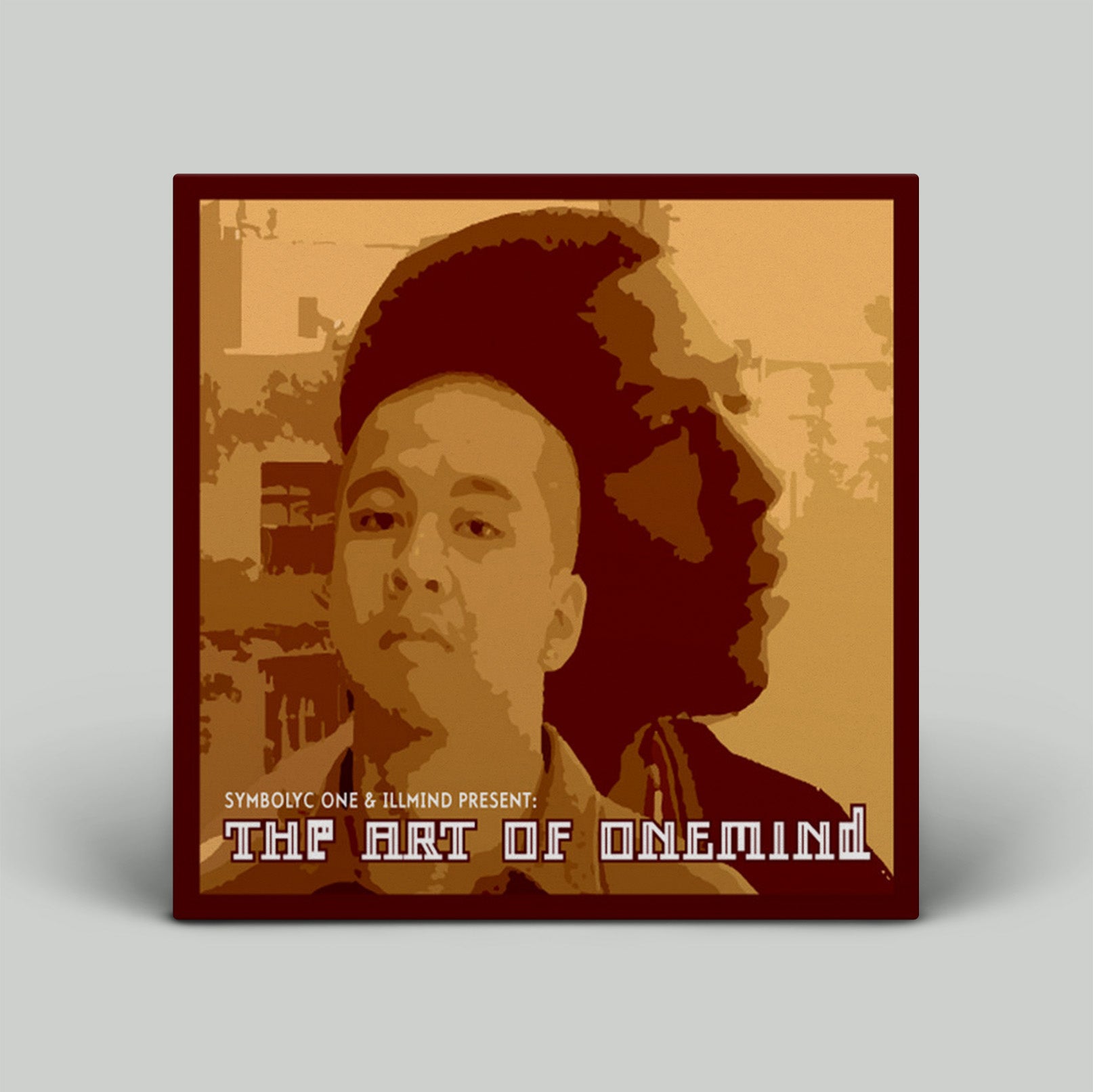 Poster with stylized portrait and text 'The Art of OneMind' on a beige background