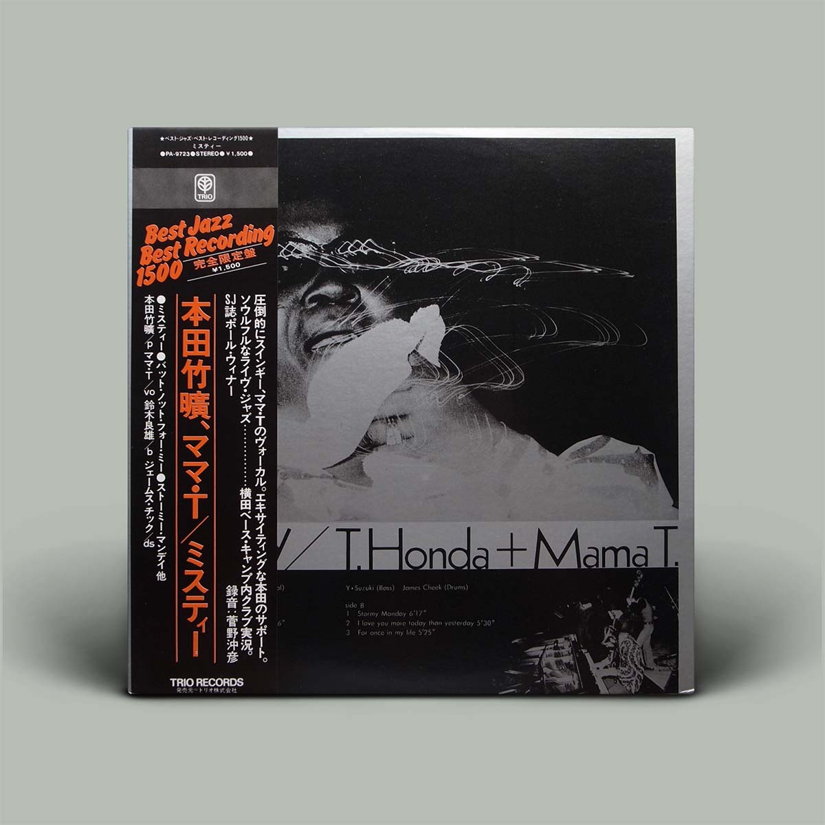 Vinyl record cover with artistic design and text on a gray background