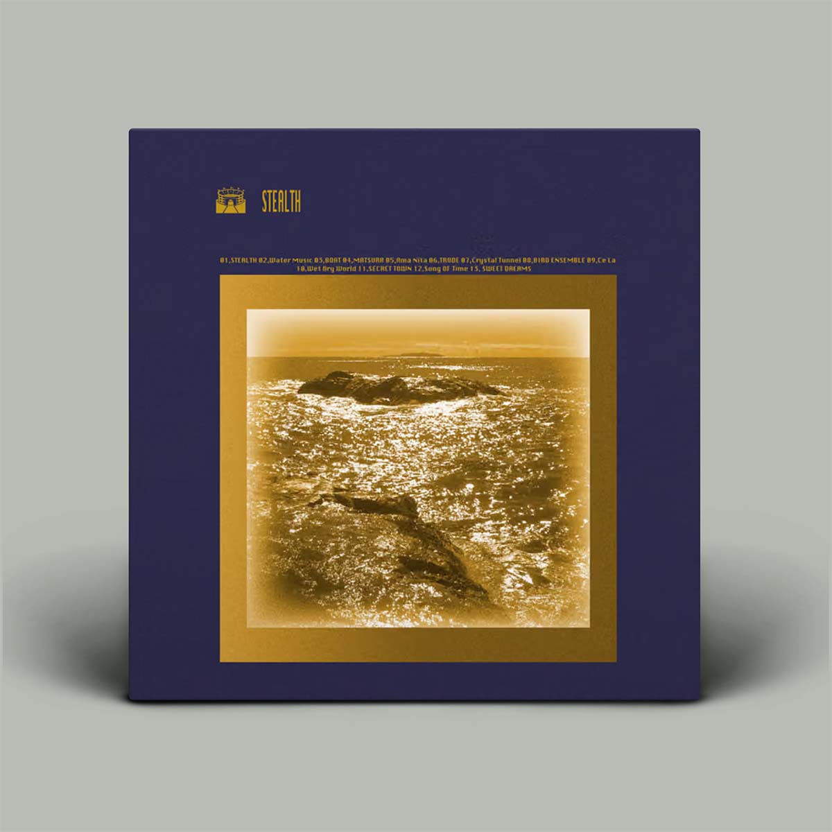 Album cover with a blue border and gold center featuring a whale image on a gray background