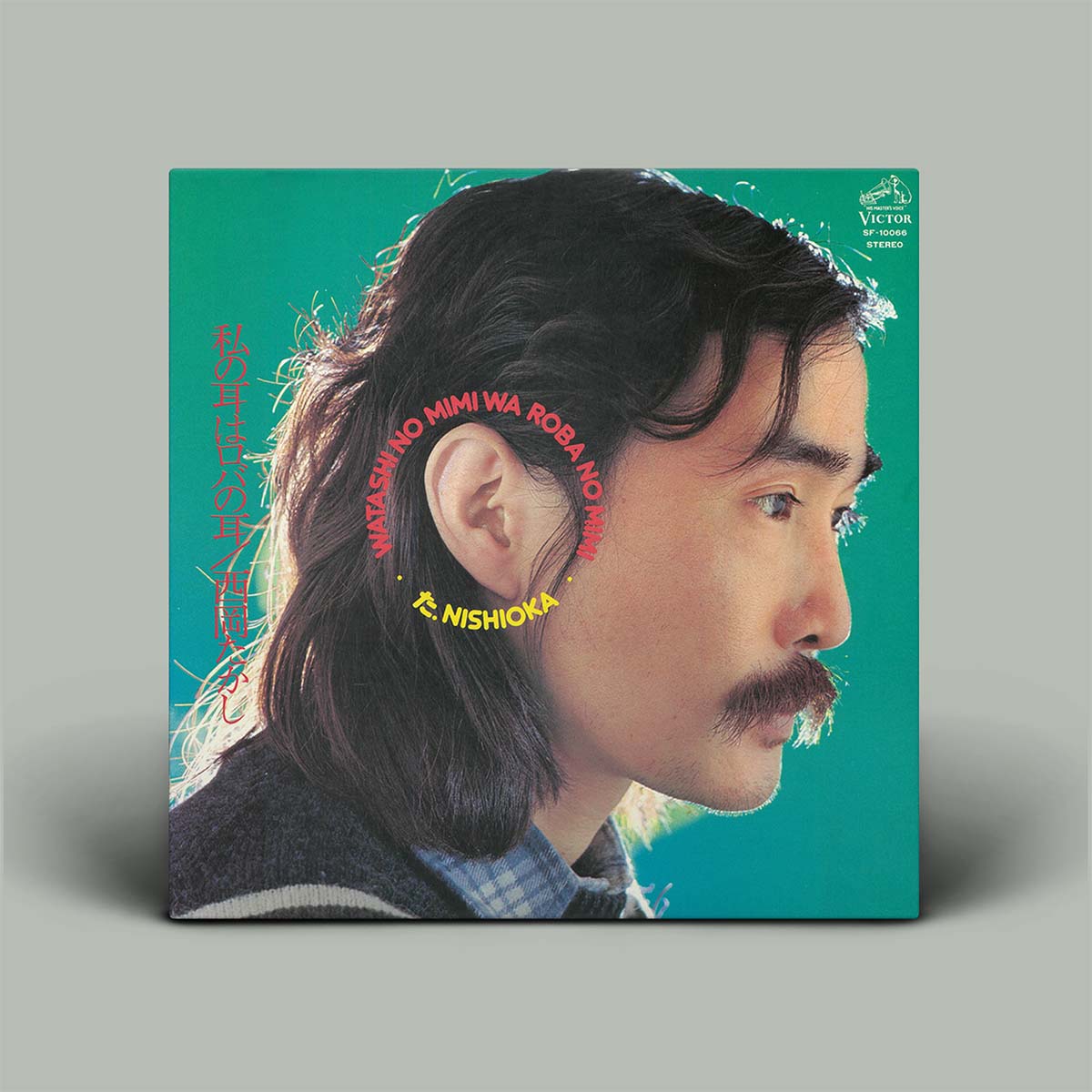 Vinyl record cover with a person's profile and text on a teal background