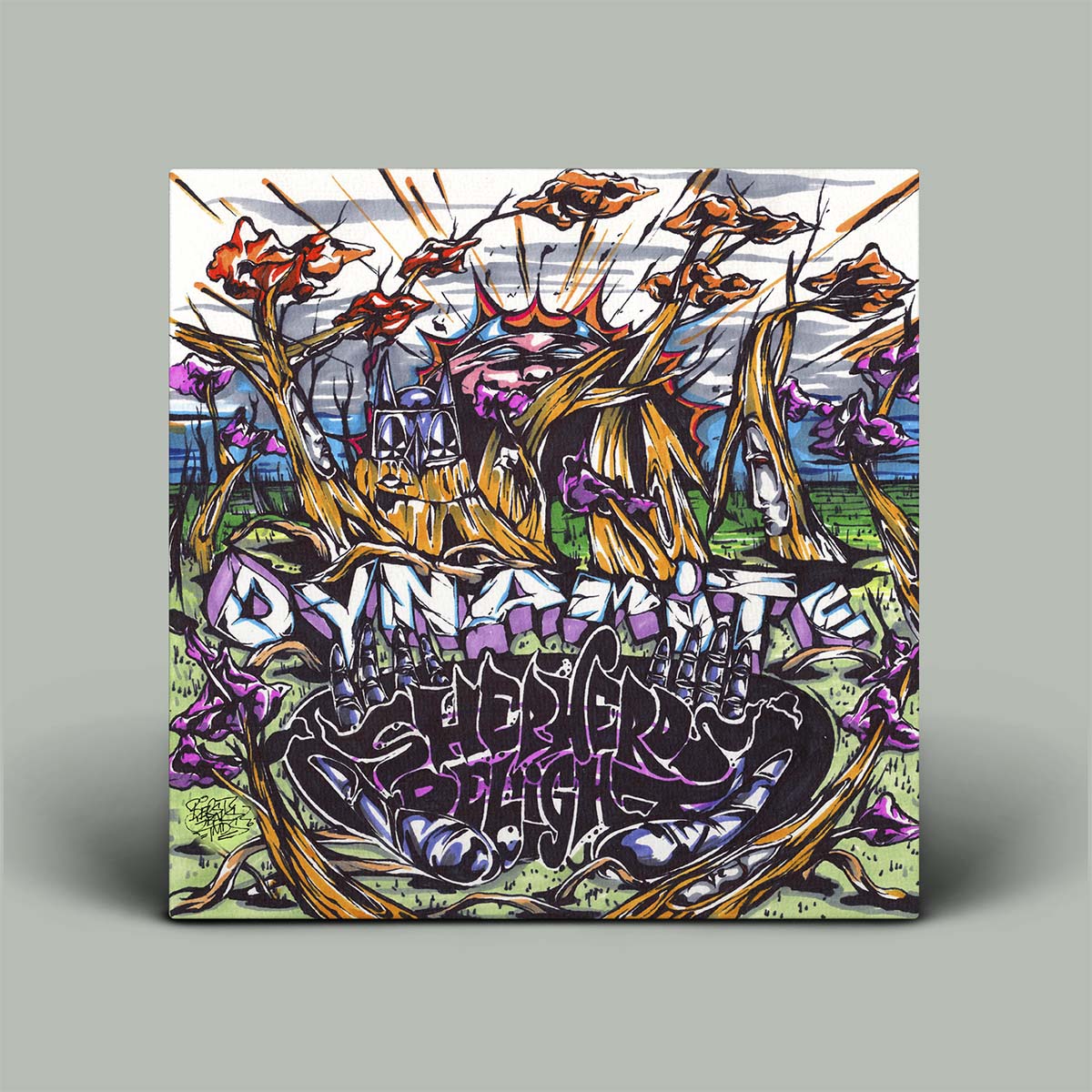 Colorful album cover with abstract design and text on a gray background