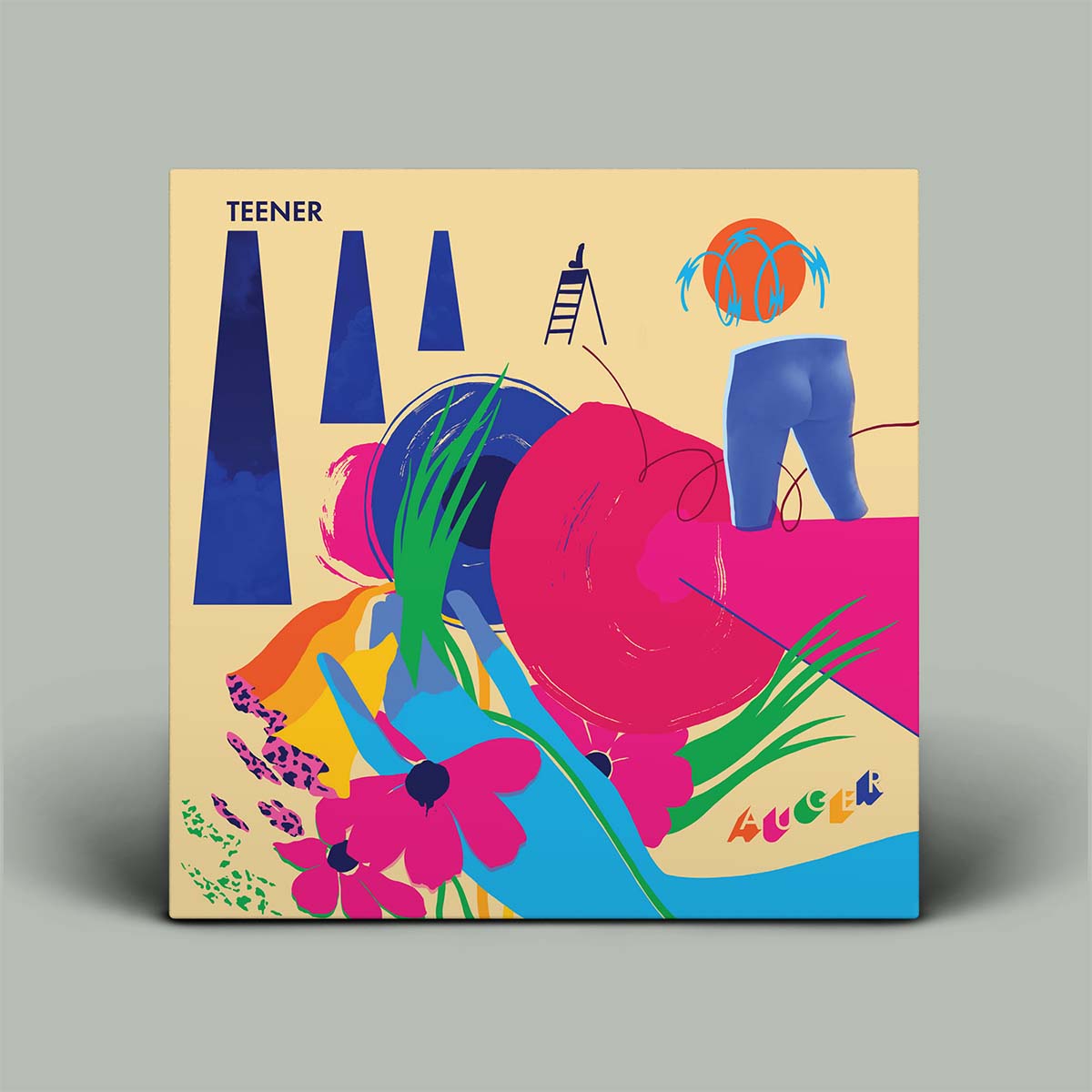 Colorful album cover with abstract shapes and text on a beige background