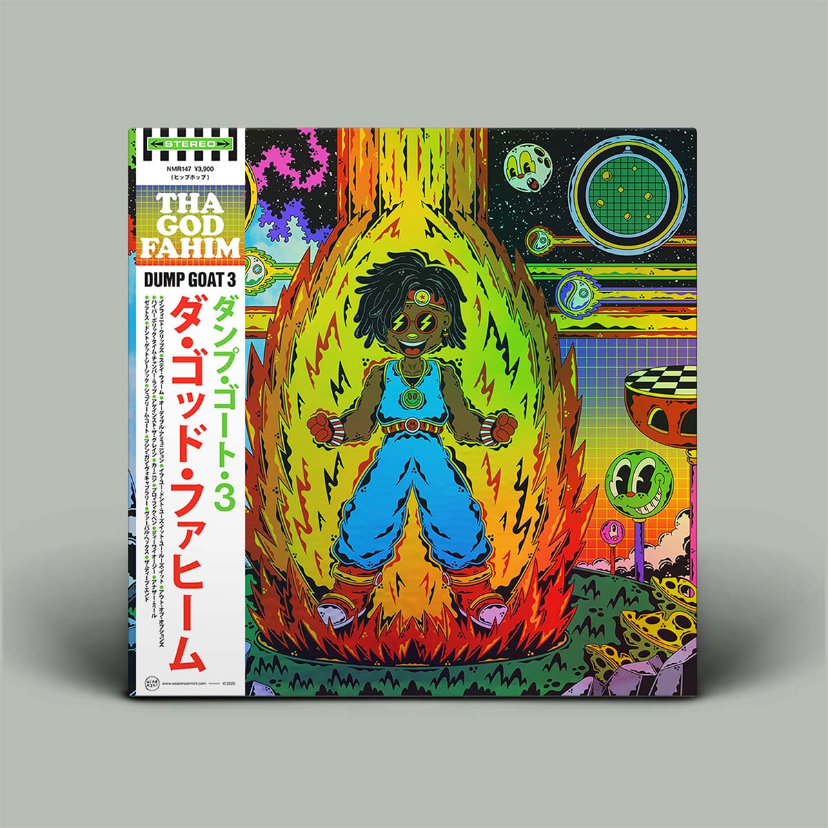 A vinyl record sleeve for Tha God Fahim's 'Dump GOAT 3' is shown standing upright on a neutral gray background. The cover art is highly vibrant and psychedelic, featuring a central figure in blue pants surrounded by bright yellow, orange, and green flames, with a cosmic, retro-futuristic background.