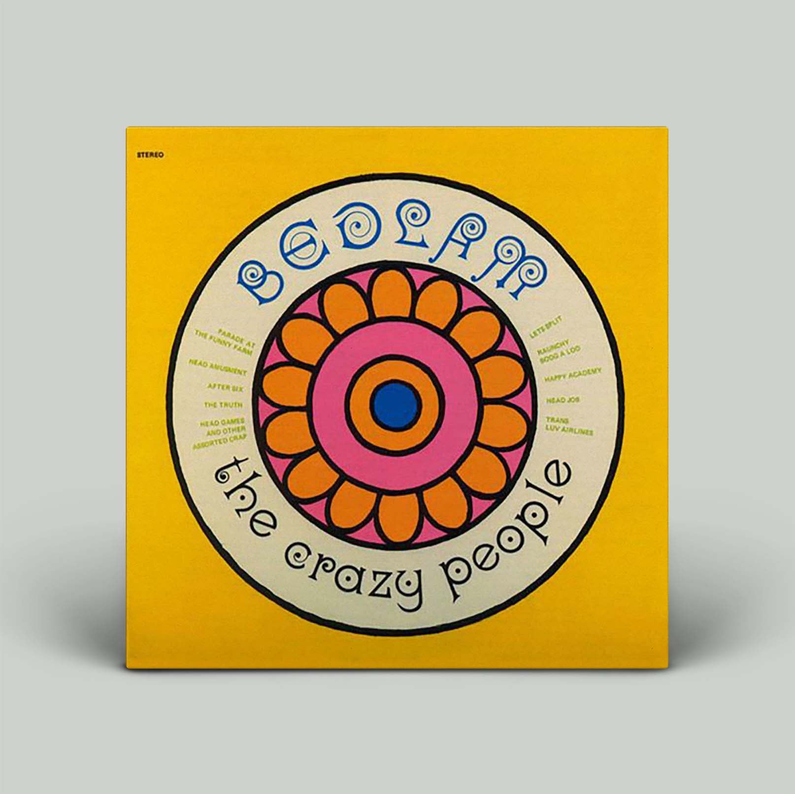 Album cover for Bedlam featuring a colorful, psychedelic design with the text 'Bedlam the crazy people' on a yellow background.