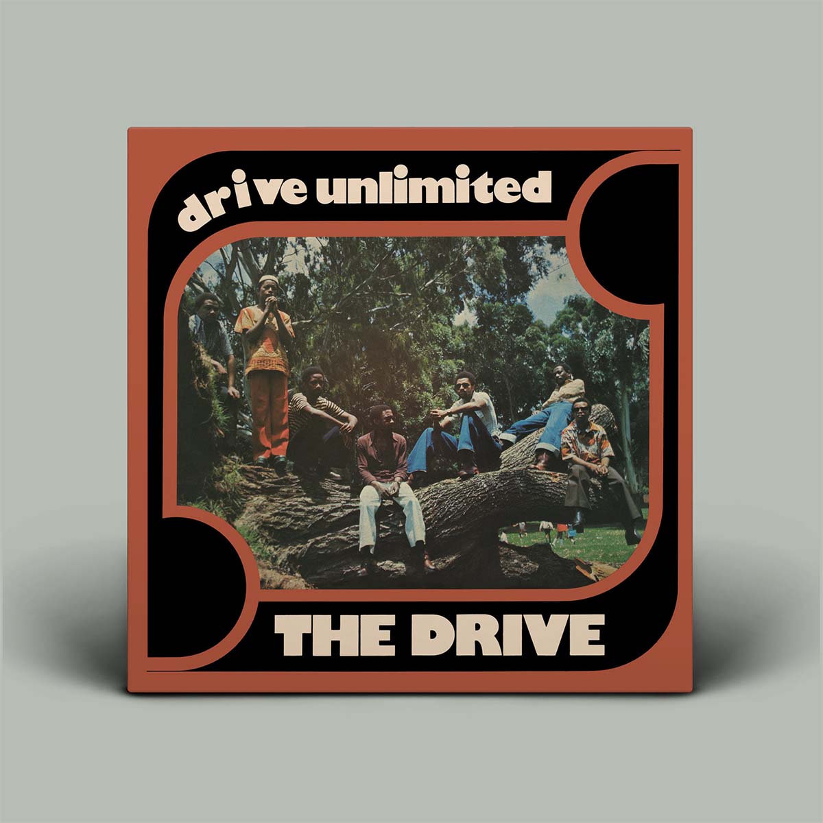 Album cover for 'Drive Unlimited' by The Drive with a group of people on a log in a forest setting.