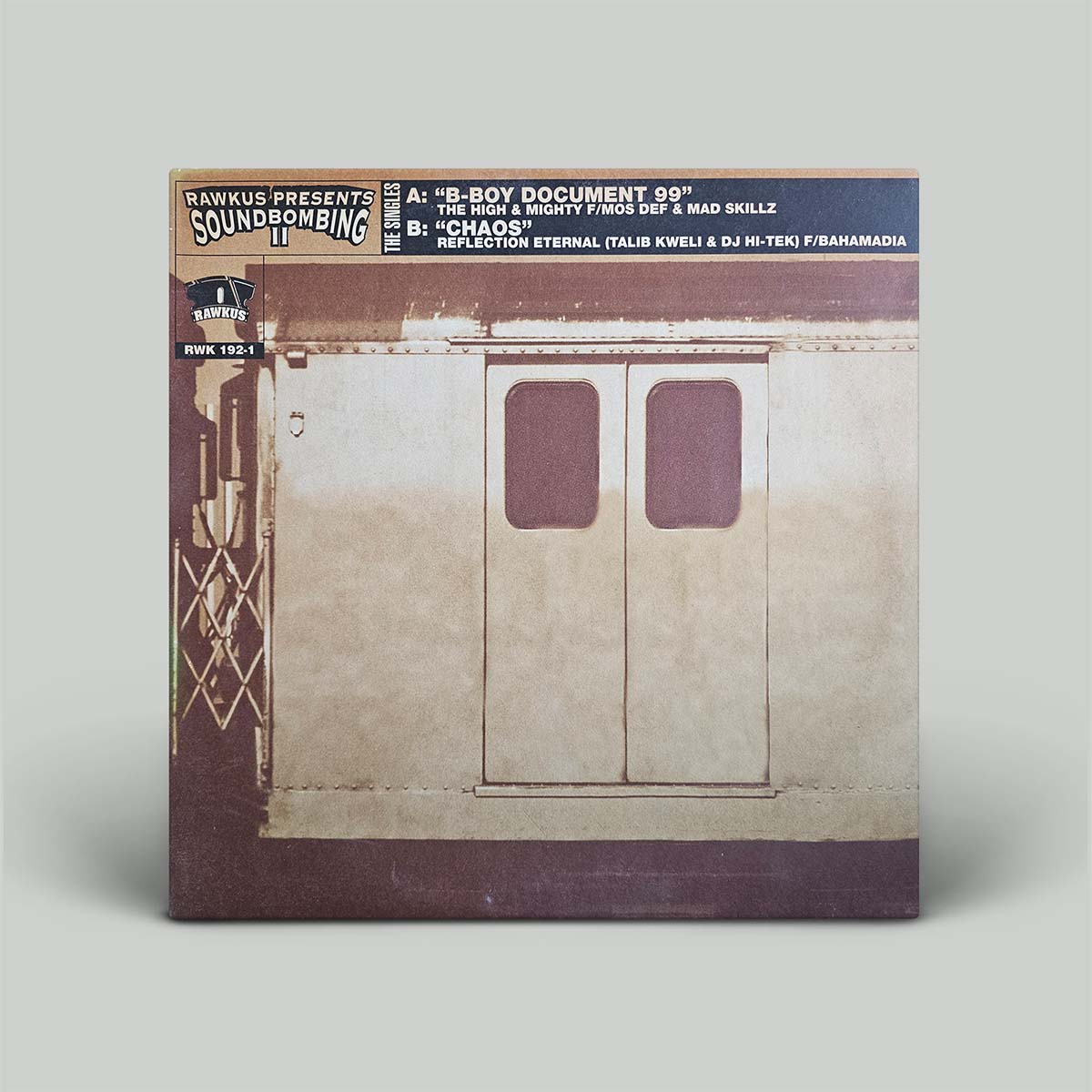 A vinyl record sleeve, featuring a sepia-toned photograph of train doors with a dark blue header band containing track titles and artist names.