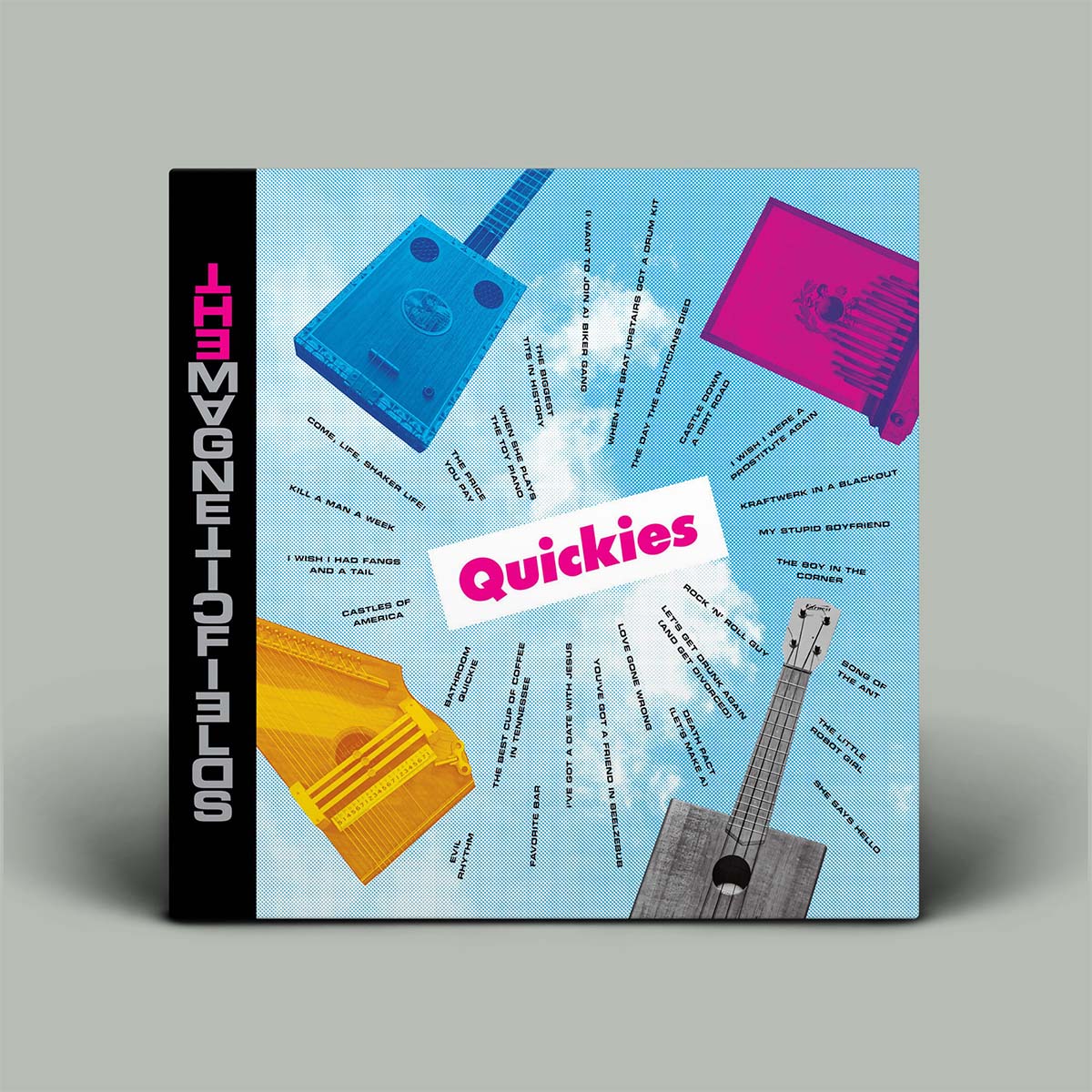 Album cover with colourful images on a sky background with Quickies in the middle.