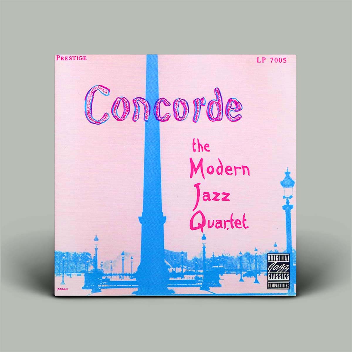 Vinyl record album cover for 'Concorde: The Modern Jazz Quartet' on Prestige, featuring a pink and blue graphic design with the Monument to the Americas in Paris, set against a neutral gray background.