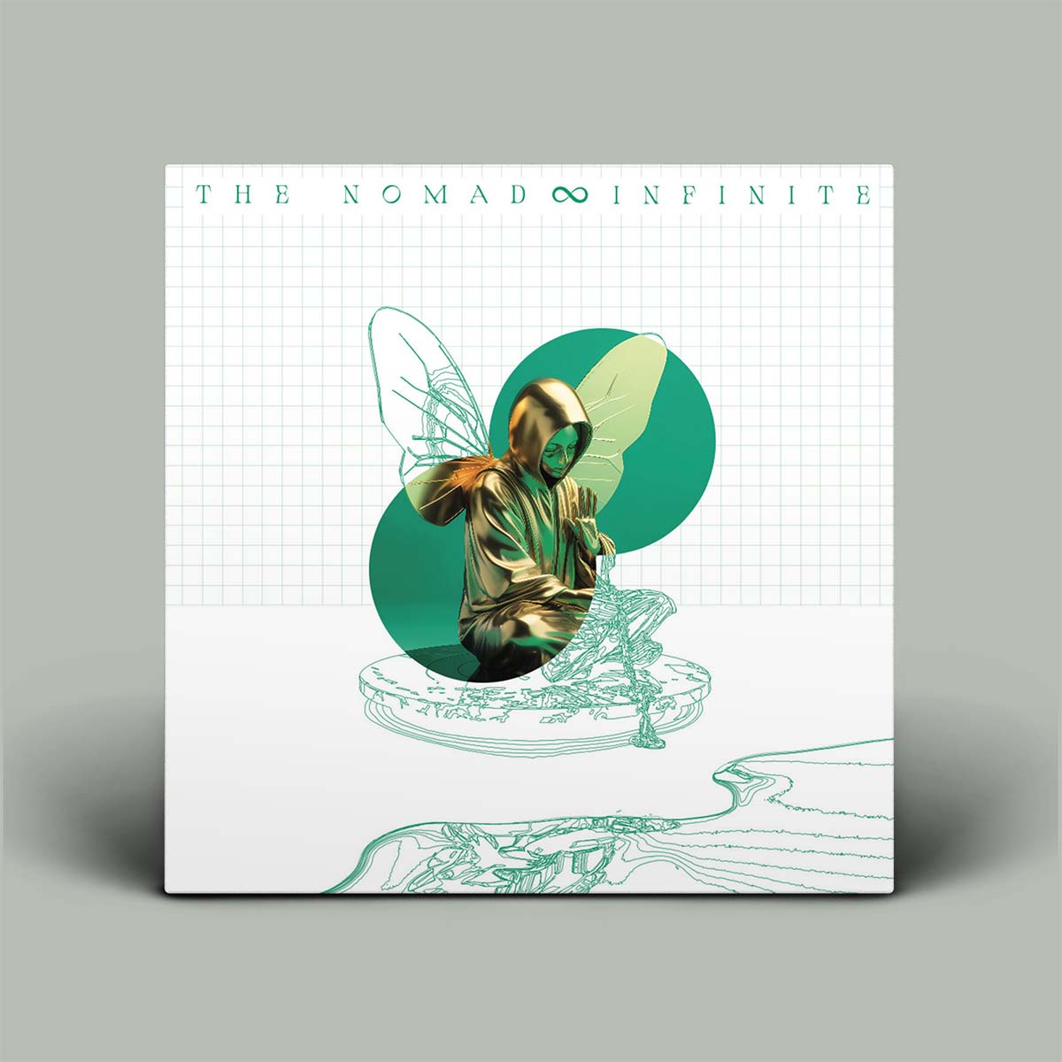 ALBUM cover titled 'THE NOMAD INFINITE' stands against a light gray background. The cover is mostly white with a faint grid pattern, featuring a central teal circular shape and a stylized metallic gold figure with wing-like line art.