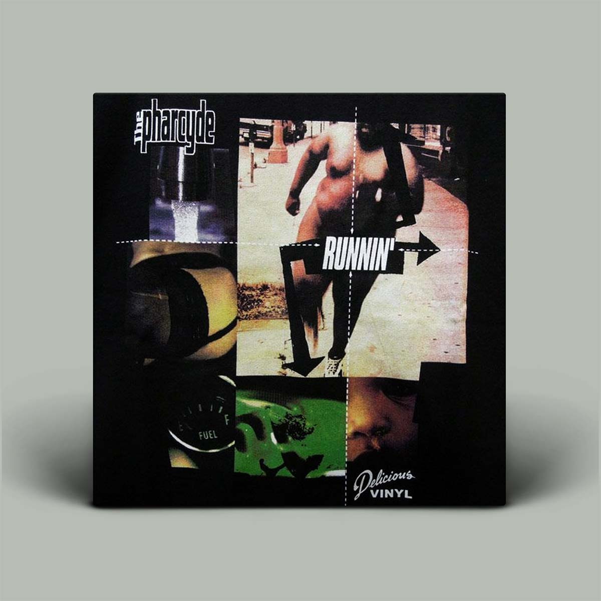 A square vinyl record sleeve for Pharcyde's 'Runnin'' is shown standing upright against a neutral gray background. The sleeve features a black background with a collage of images, including a shirtless man, a green frog, and a cigarette pack, with the text 'the pharcyde', 'RUNNIN'', and 'Delicious Vinyl'.