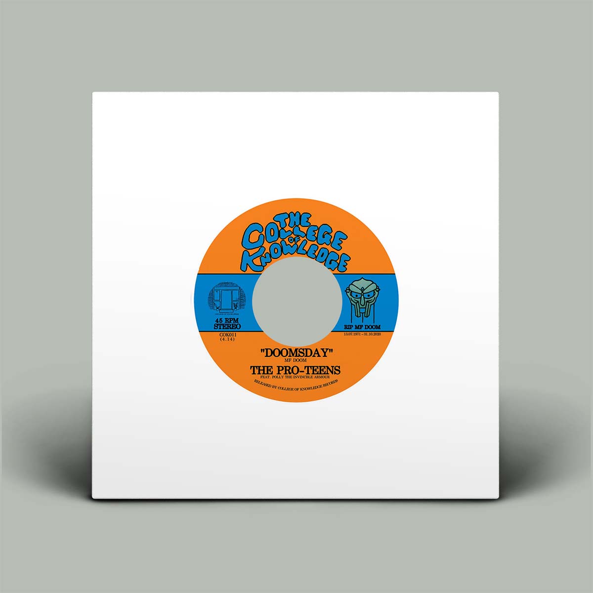 Vinyl record with orange and blue label on a white background