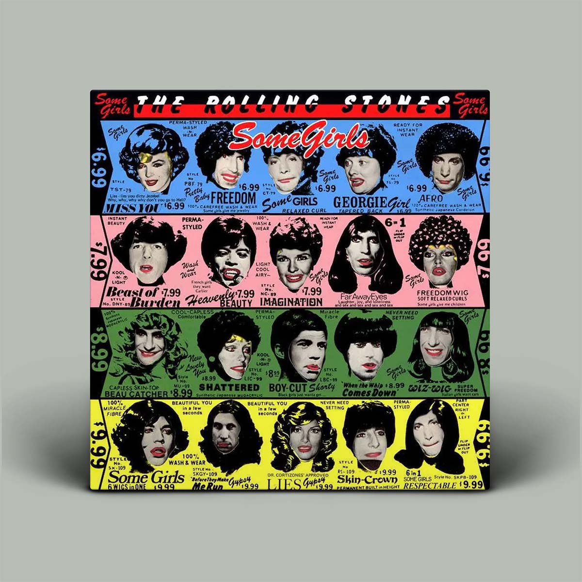 Album cover for 'The Rolling Stones Some Girls' with stylized faces and text.