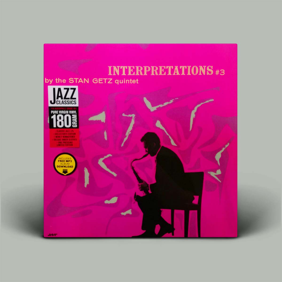 Vinyl record cover with pink background and silhouette of a saxophonist, featuring text about Stan Getz Quintet.