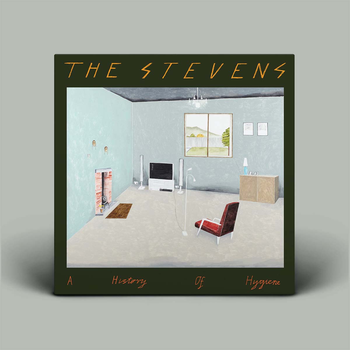 Album cover for 'A History of Hygiene' by The Stevens, featuring a retro-style illustration of a minimalist living room with a red armchair, fireplace, and television, set against a solid gray background.