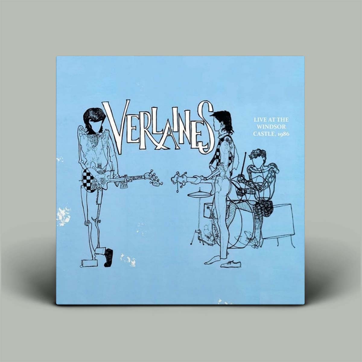 A square album cover for Verlanes' 'Live at the Windsor Castle, 1976' featuring a light blue background with black line-art illustrations of band members and white stylized text, shown standing against a neutral gray background.