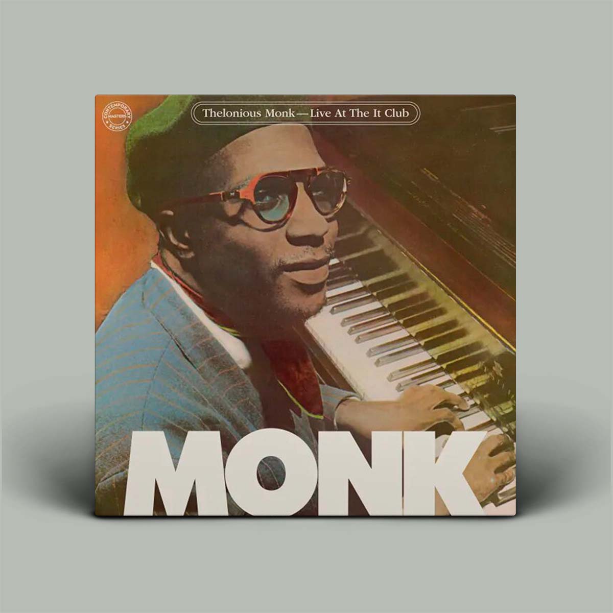 Vinyl record cover featuring a musician playing piano with 'Monk' text