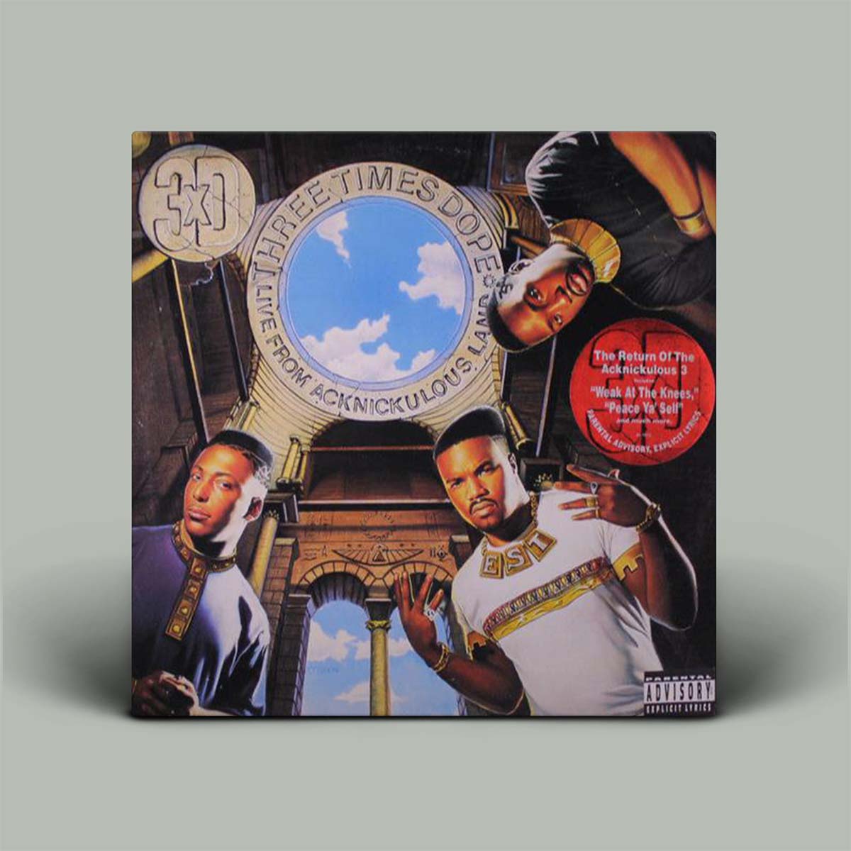 A vinyl record cover featuring members of the hip-hop group Three Times Dope, with a graphic backdrop and promotional text.