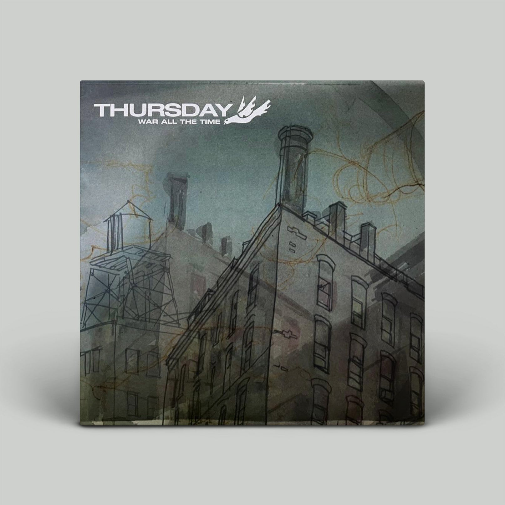 Album cover for 'War All the Time' by Thursday with architectural illustration.