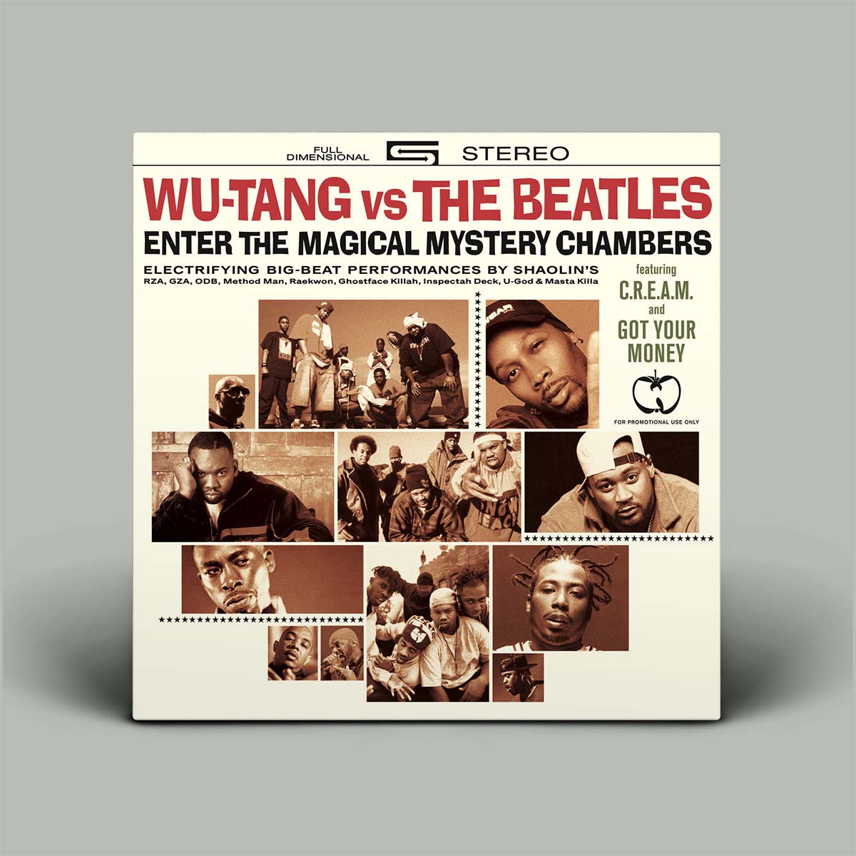 A vinyl record sleeve for 'Wu-Tang vs The Beatles' is shown standing upright against a neutral gray background. The sleeve features a cream-colored background with a collage of sepia-toned photos of Shagrin and the Beatles, bold red and black text, and a '50 Stereo' logo at the top.