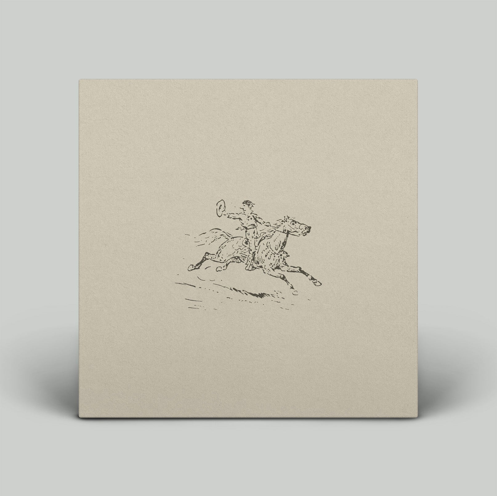 Album cover with a black and white illustration of a horse and rider on a gray background