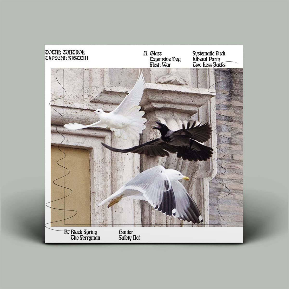 Album cover with birds flying over a architectural background