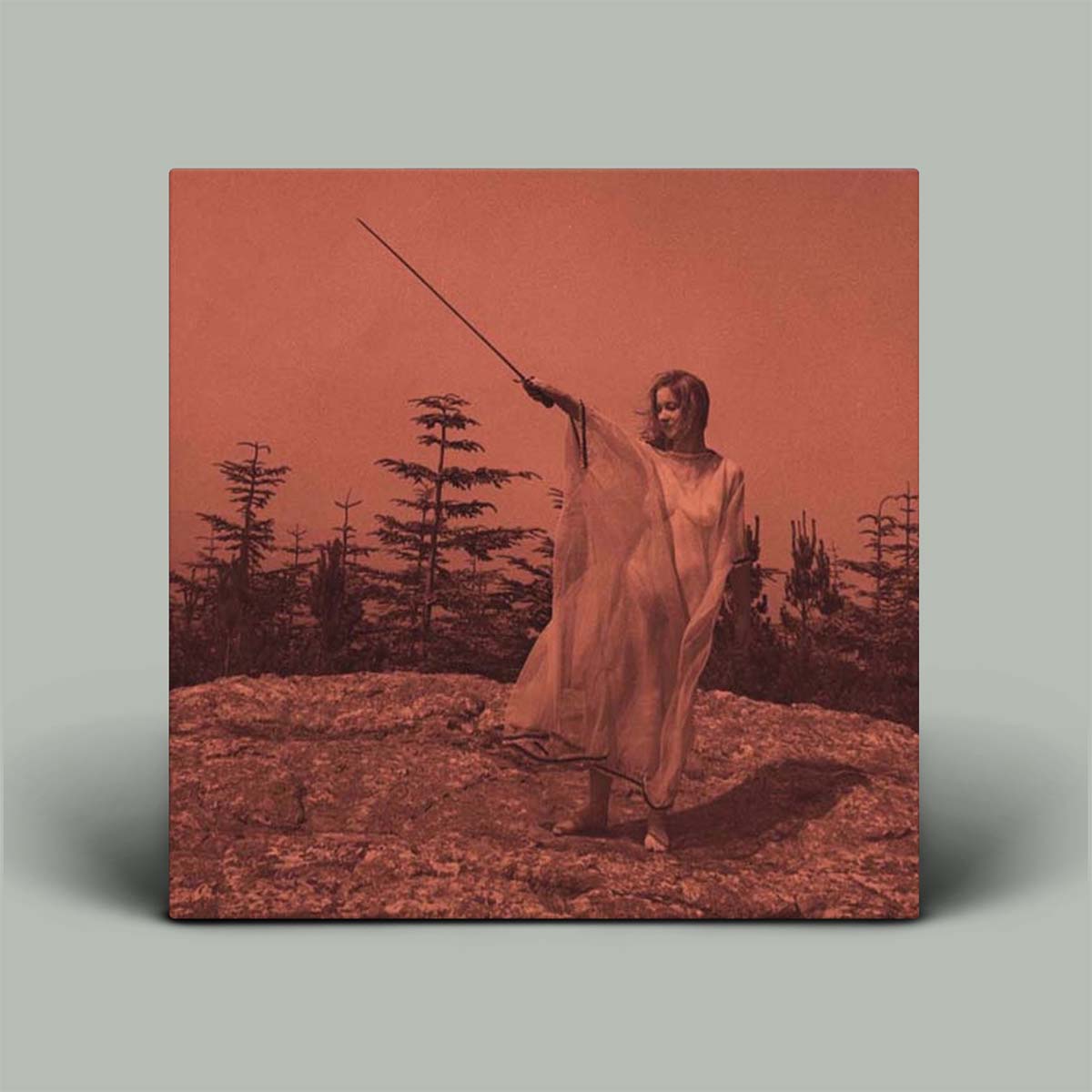 A square canvas wall art print featuring a sepia-toned photograph of a woman in a flowing dress holding a long sword on a rocky landscape with trees, shown against a light gray background.