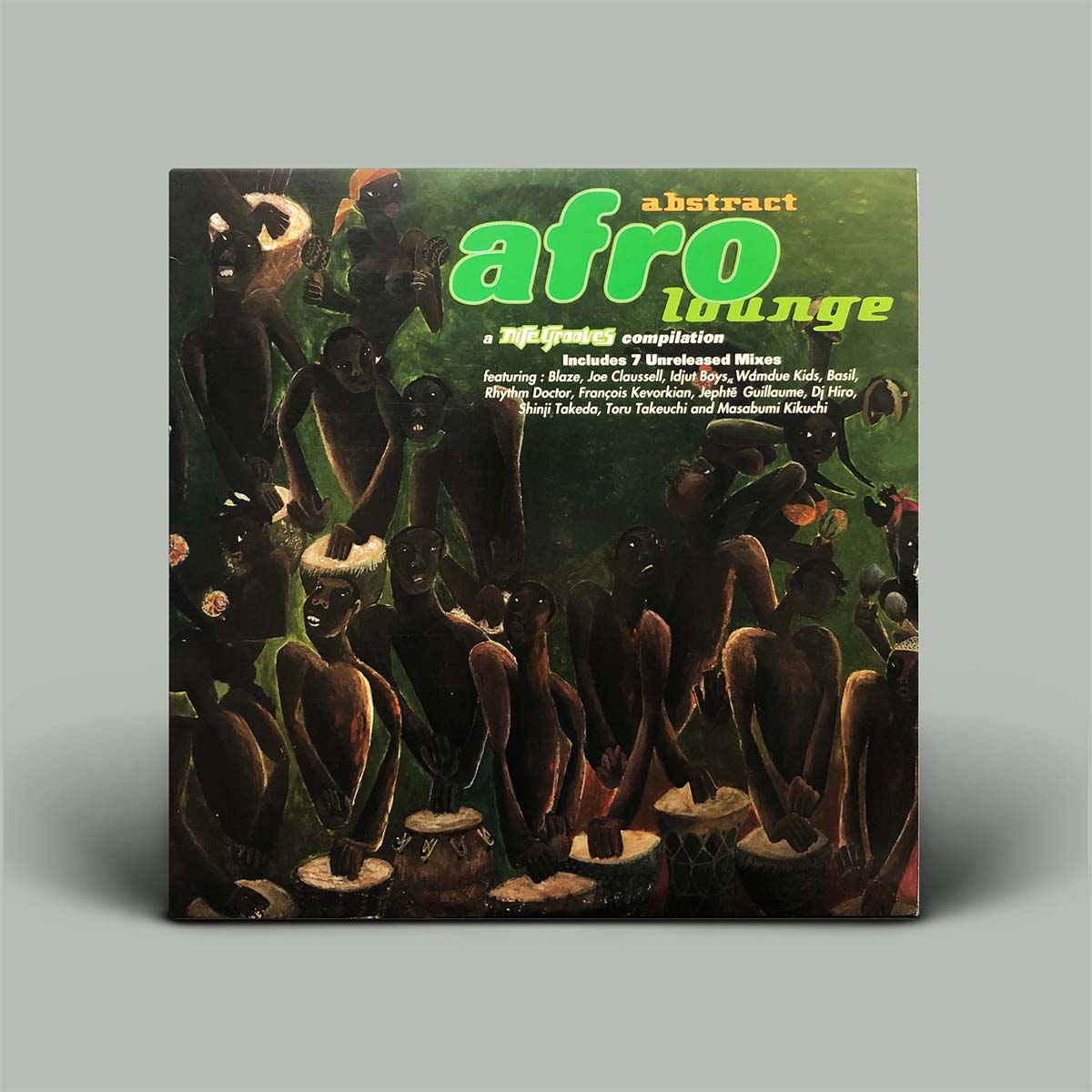 A vinyl record sleeve for 'abstract afro lounge' DJ mix compilation, featuring a dark green and black illustration of people dancing and playing drums, set against a plain gray background.