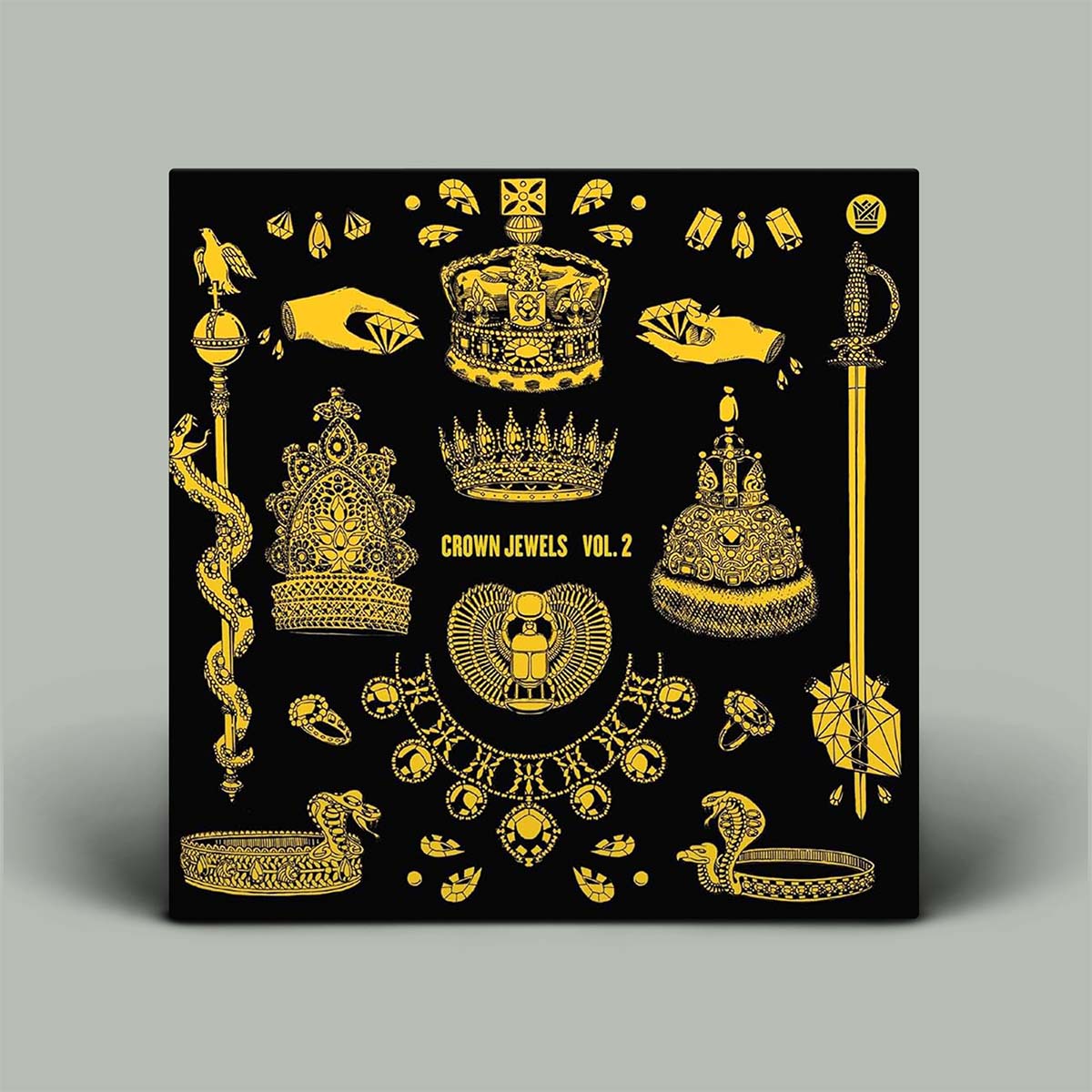 Album cover with gold coloured images on a black background.