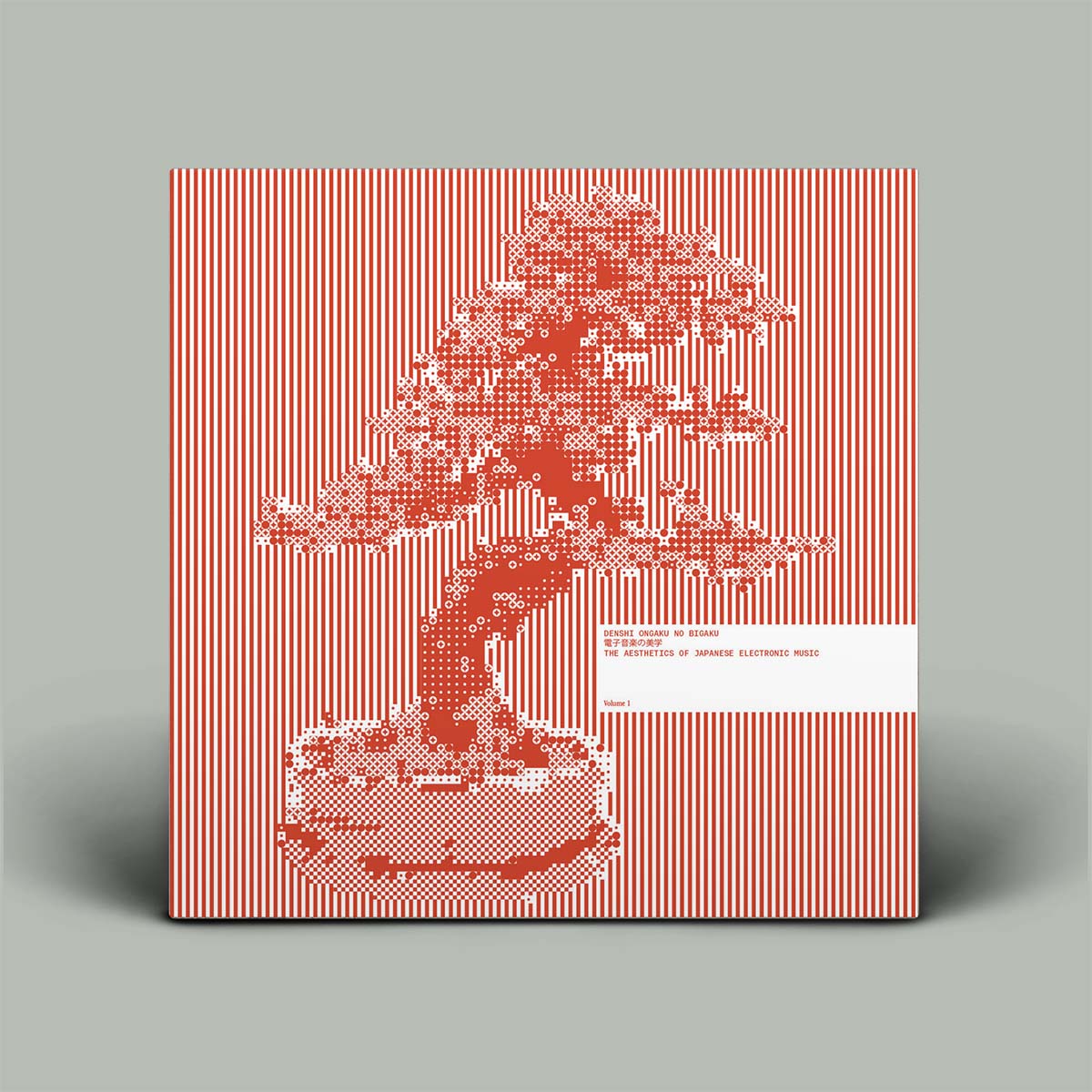 Album cover featuring a stylized pixelated bonsai tree in red on a red-and-white striped background, with a white label area containing small text, shown against a plain gray backdrop.