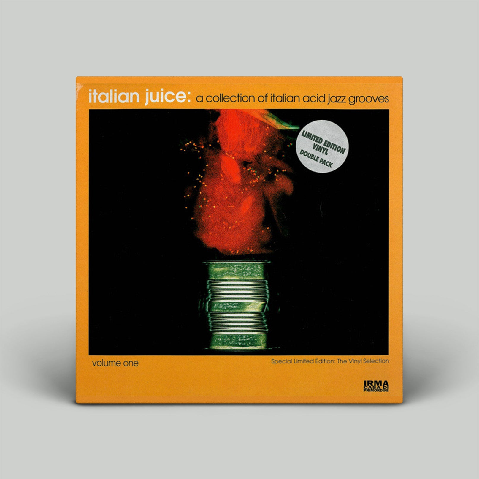 Vinyl record cover titled 'Italian Juice' with a red fruit in a glass on an orange border.