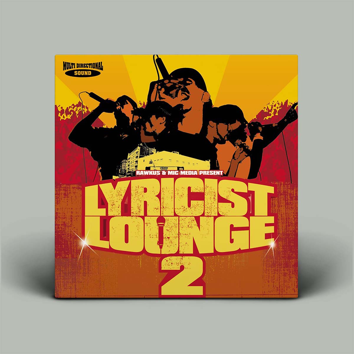 Album cover for 'Lyricist Lounge 2' with stylized text and silhouette design on a yellow and red background.