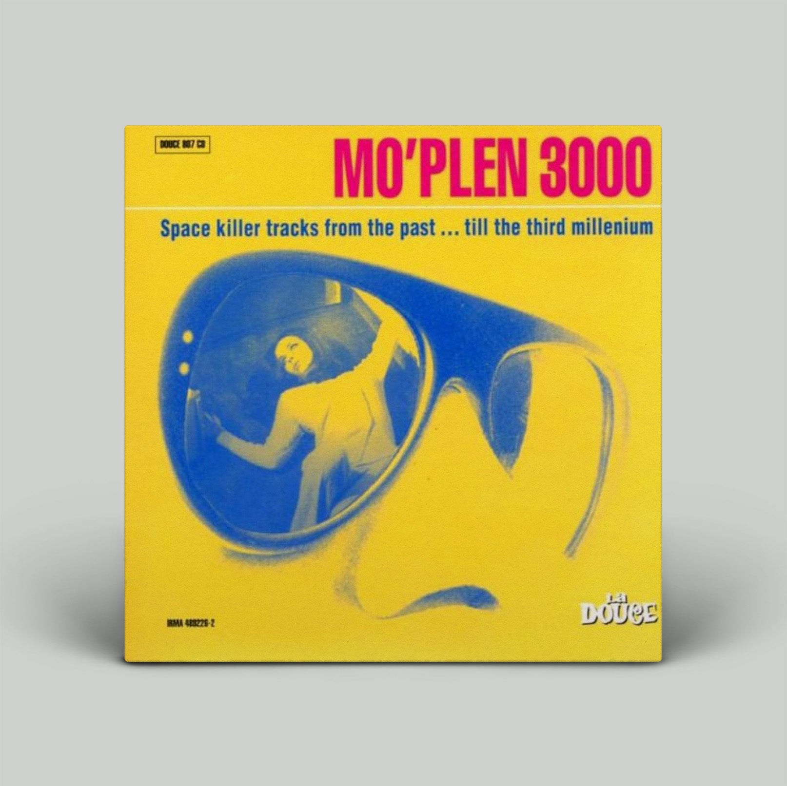 Vinyl record cover with yellow background and blue abstract design, featuring text 'Mo'Plen 3000'.