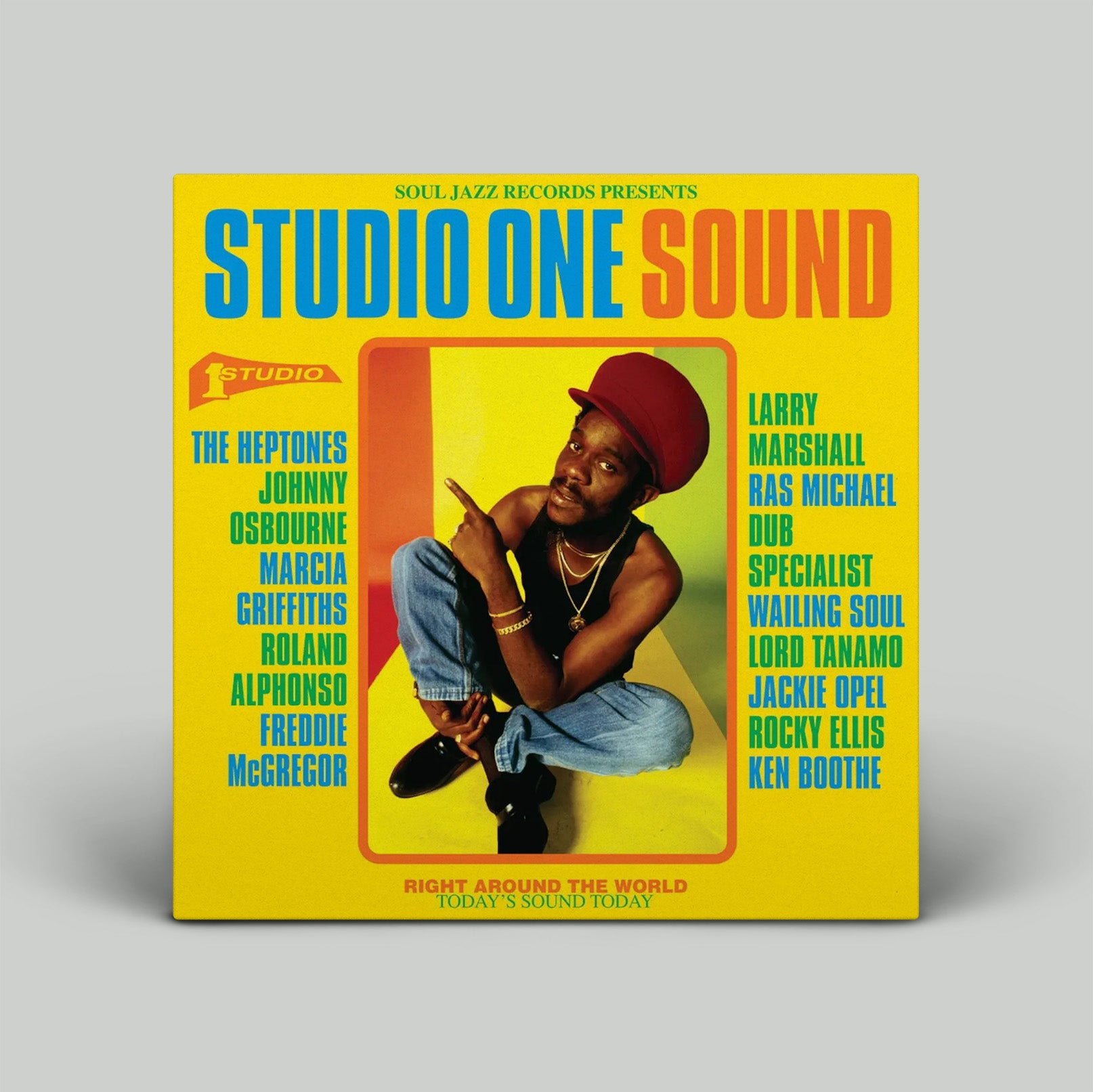 Album cover for 'Studio One Sound' featuring a person in a red hat and yellow background.