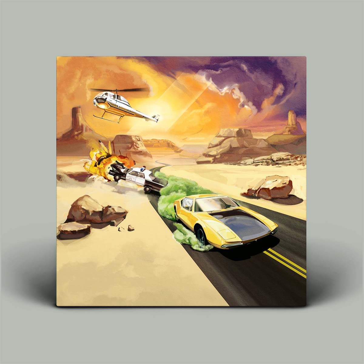 A square canvas wall art print featuring a stylized desert racing scene with a yellow sports car, a crashing white car and helicopter, and dramatic orange and purple sky, shown against a light gray background.