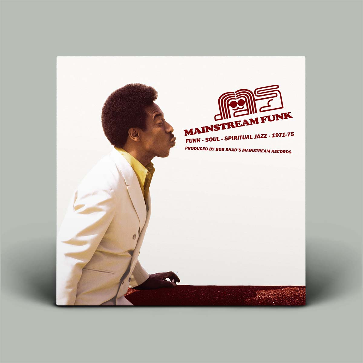 Album cover for 'Mainstream Funk' featuring a person in a white suit on a gray background