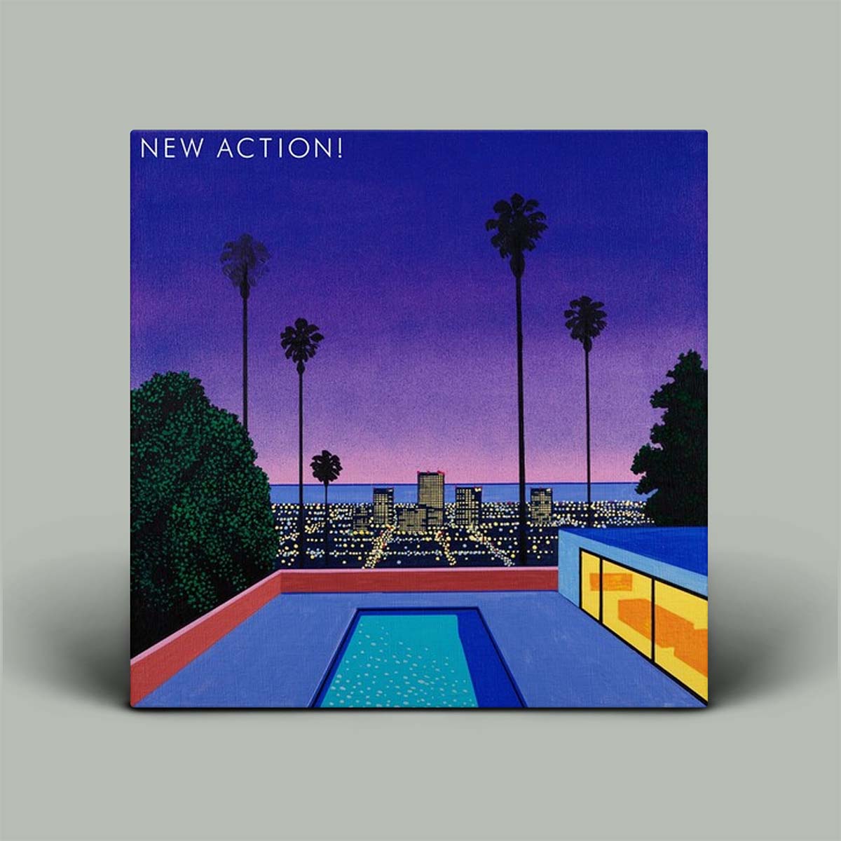 Album cover with pool scene and city skyline at night, featuring the text 'NEW ACTION!'.