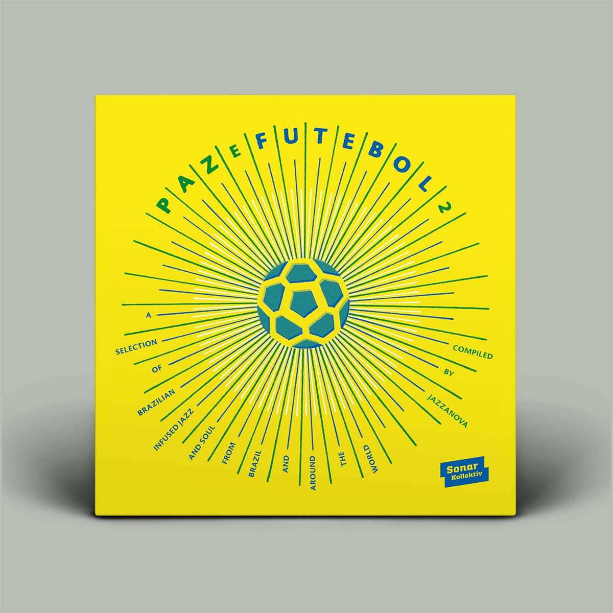 Yellow album cover with green text and a soccer ball design on a gray background