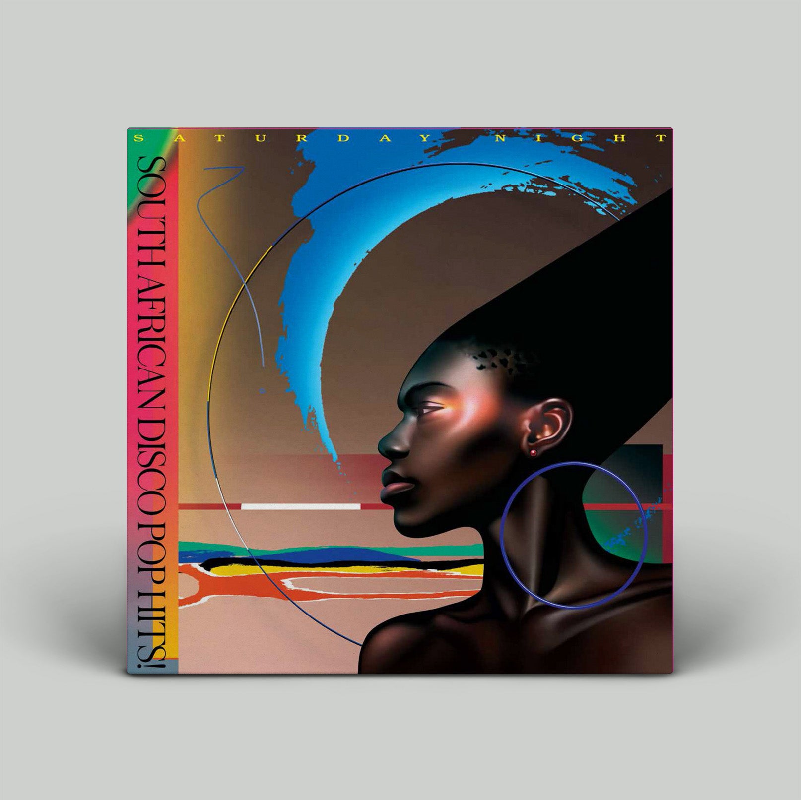 Vinyl record cover with a stylized portrait of a woman and colorful abstract design on a gray background