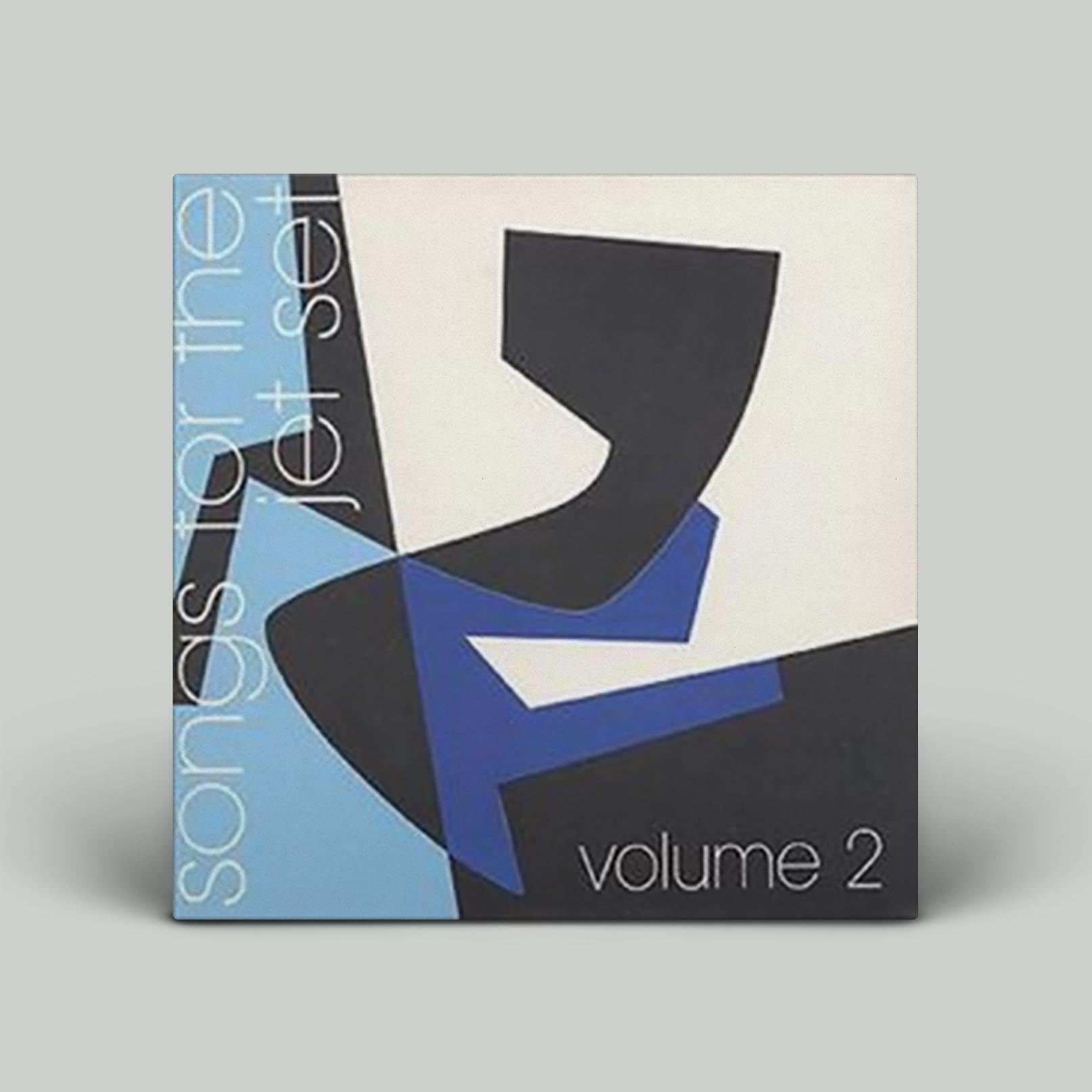 An album cover for 'Songs For The Jet Set Volume 2' featuring abstract geometric design in blue, black, and white colors.