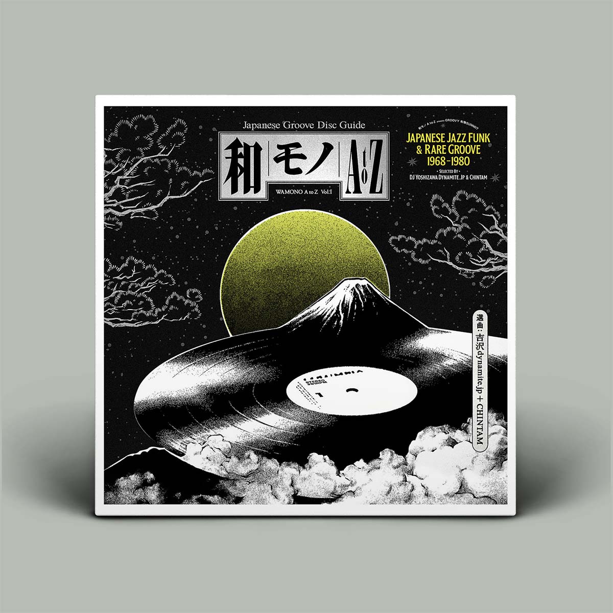 Album cover with black illustration of a record and mountain.