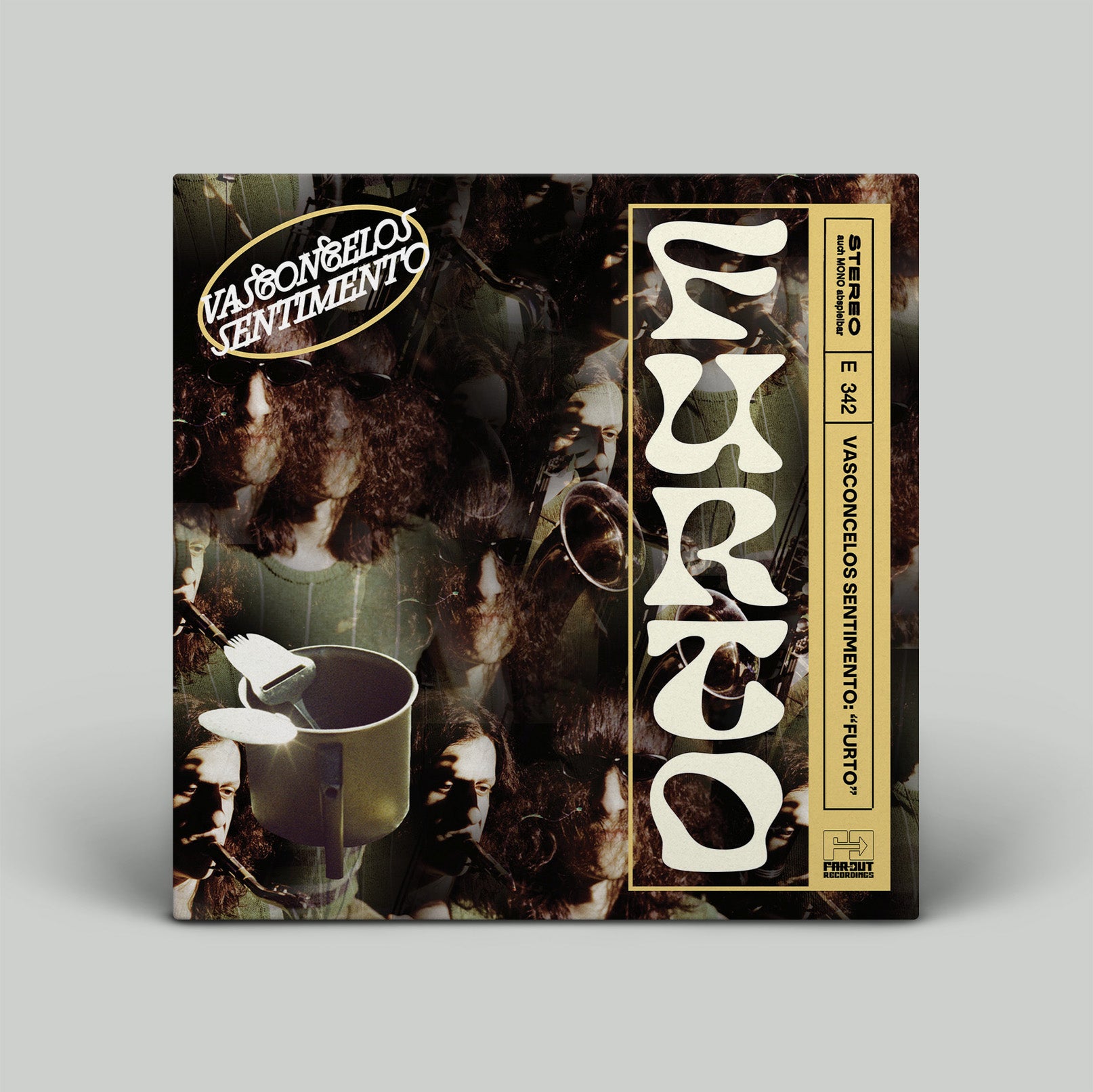 Vinyl record cover with a person holding a candle and text on a gray background