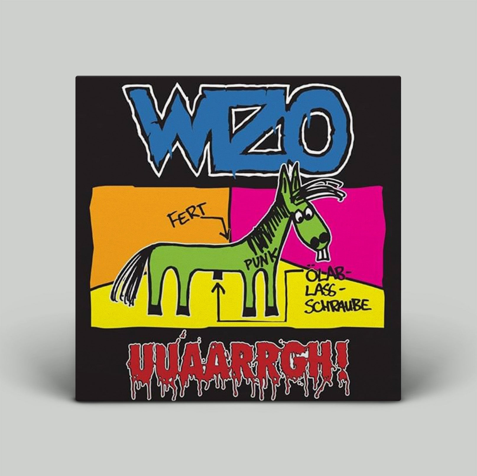Colorful album cover with cartoon donkey and text on a black background