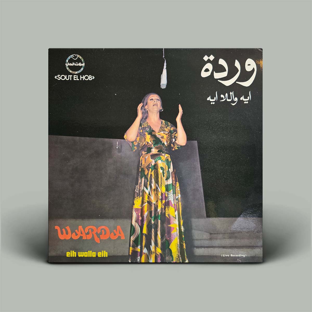 A vinyl record album cover for 'Warda Eih Wala Eih' by wARDA, featuring a woman in a colorful patterned dress against a dark background, displayed on a neutral gray background.