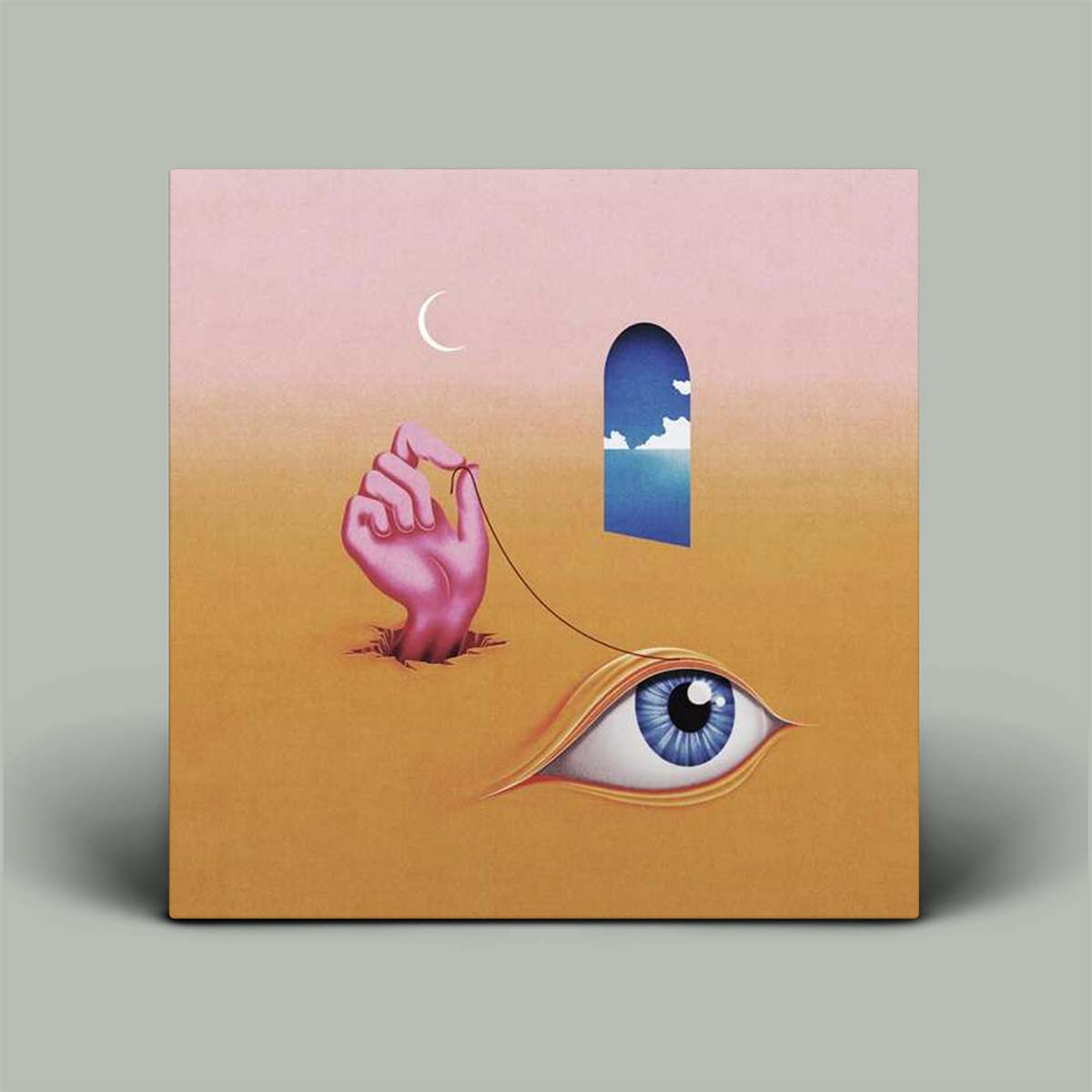 Album cover with a hand reaching out, eye, and abstract shapes on a gradient background