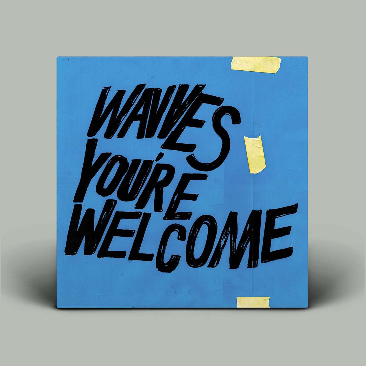 Blue album cover with 'WAVES YOU'RE WELCOME' text on a gray background