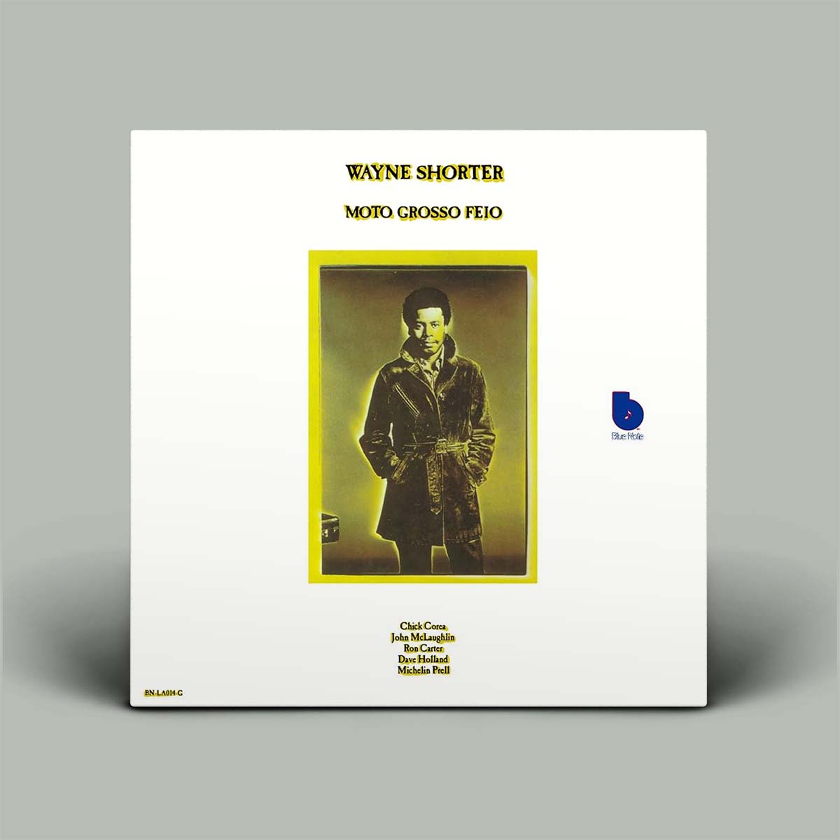 Vinyl record album cover for Wayne Shorter's 'Moto Grosso Feito' on the Blue Note label, featuring a white cover with a central yellow-bordered portrait of Wayne Shorter.
