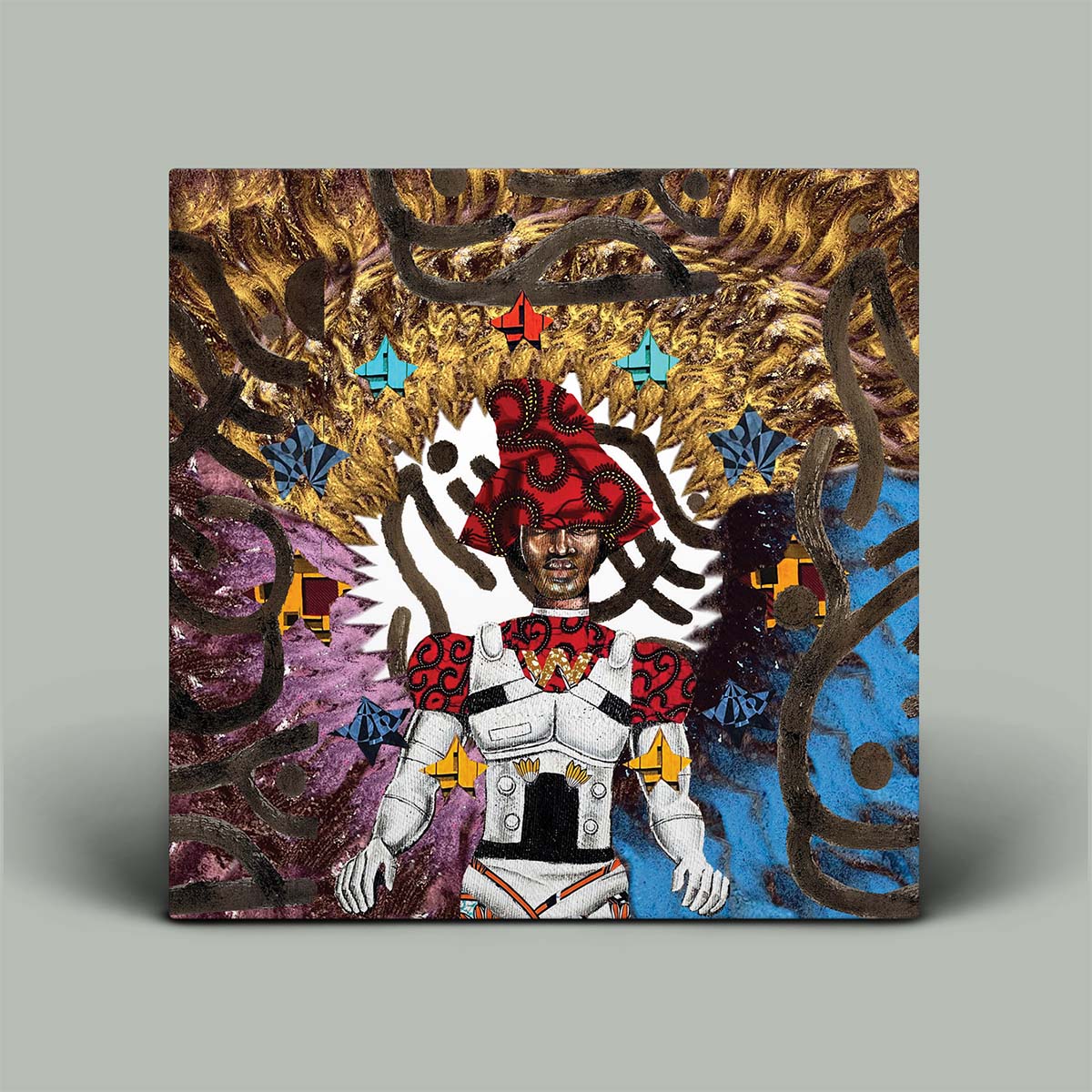 Colorful abstract artwork with a central figure on a gray background